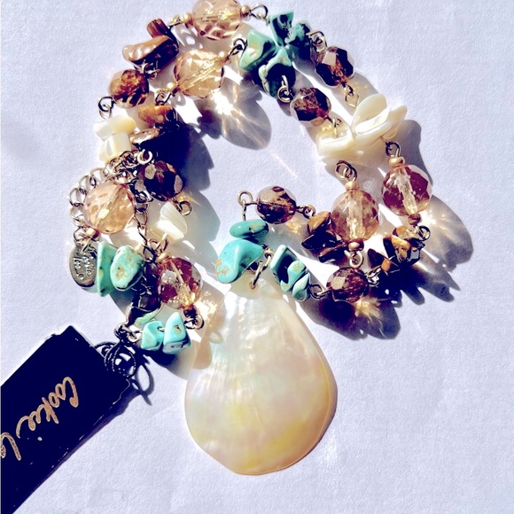 🐚Genuine Shell Turquoise Chip Glass Bead Gold Tone Necklace by Cookie Lee - Picture 2 of 6